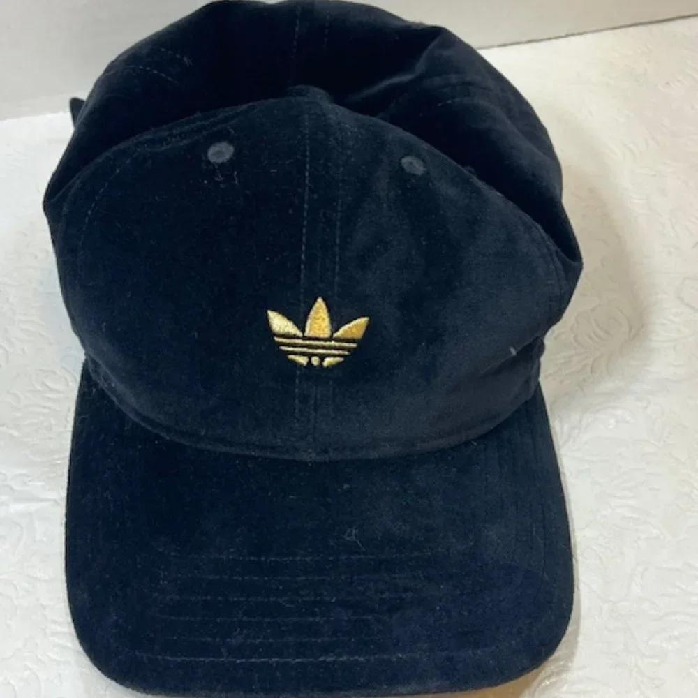 Black Velvet Adidas Cotton Gold Trefoil Embroidered Logo Adjustable Cap Hat